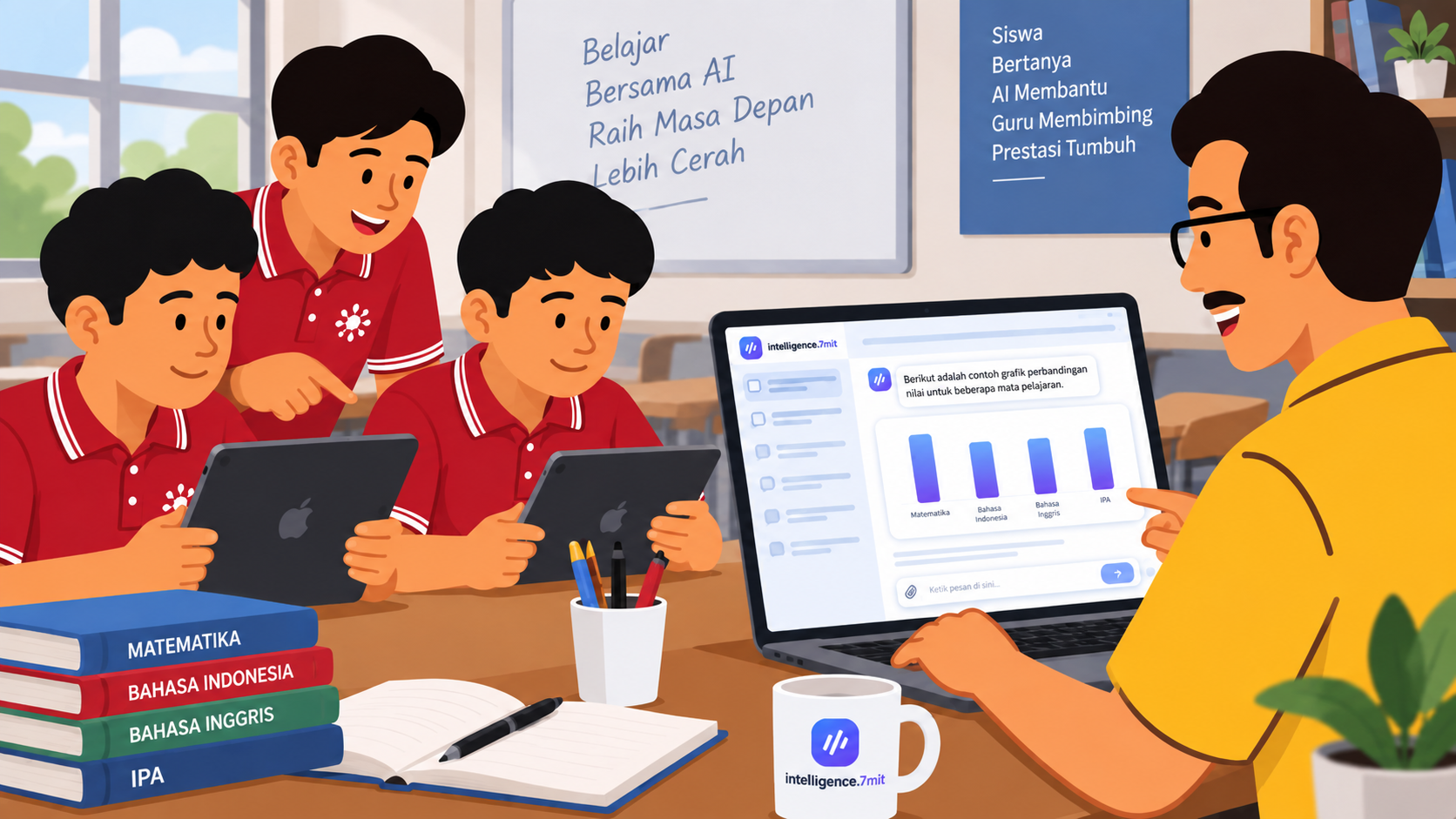 Siswa dan guru menggunakan layanan AI intellegence.7mit